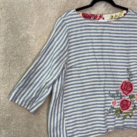 J. JILL Love Linen Top Women's Large Petite LP Stripe Floral Embroidered - Picture 3 of 7